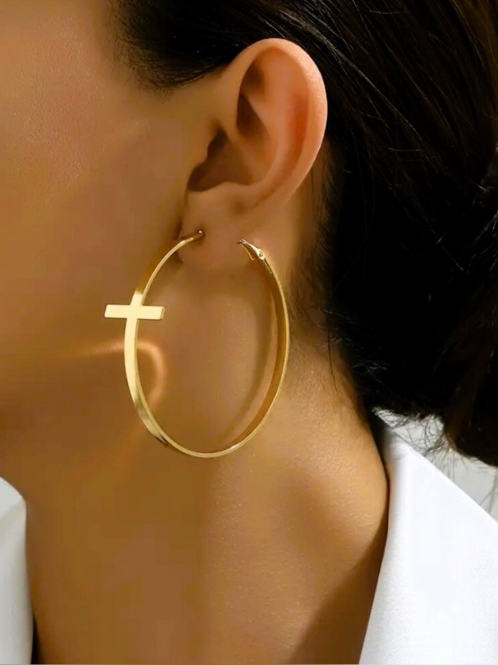 14K Gold Womens Large Cross Hoop Earrings